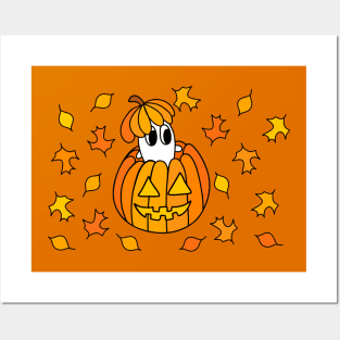 Cartoon Ghost in Jack o Lantern Pumpkin with Fall Leaves, made by EndlessEmporium Posters and Art